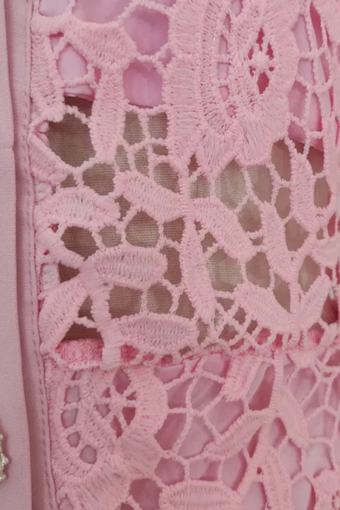 Lace Mini Dress with Contrast Collar and Jewel Buttons - Pink