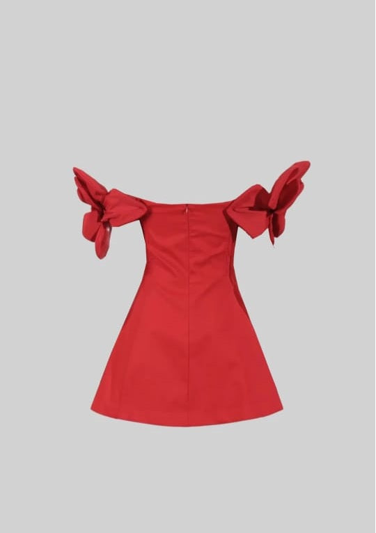 Mini-robe hors épaule avec grand tissu floral-rouge
