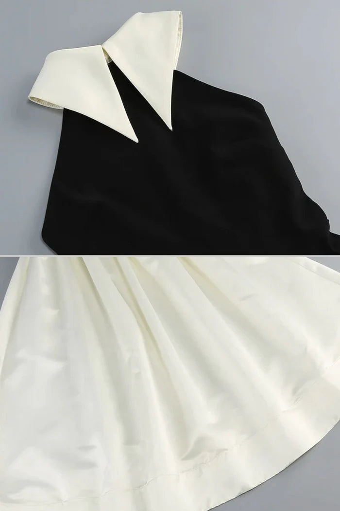 Halter Maxi Dress With Satin Collar and Full Skirt – Black/Ivoire