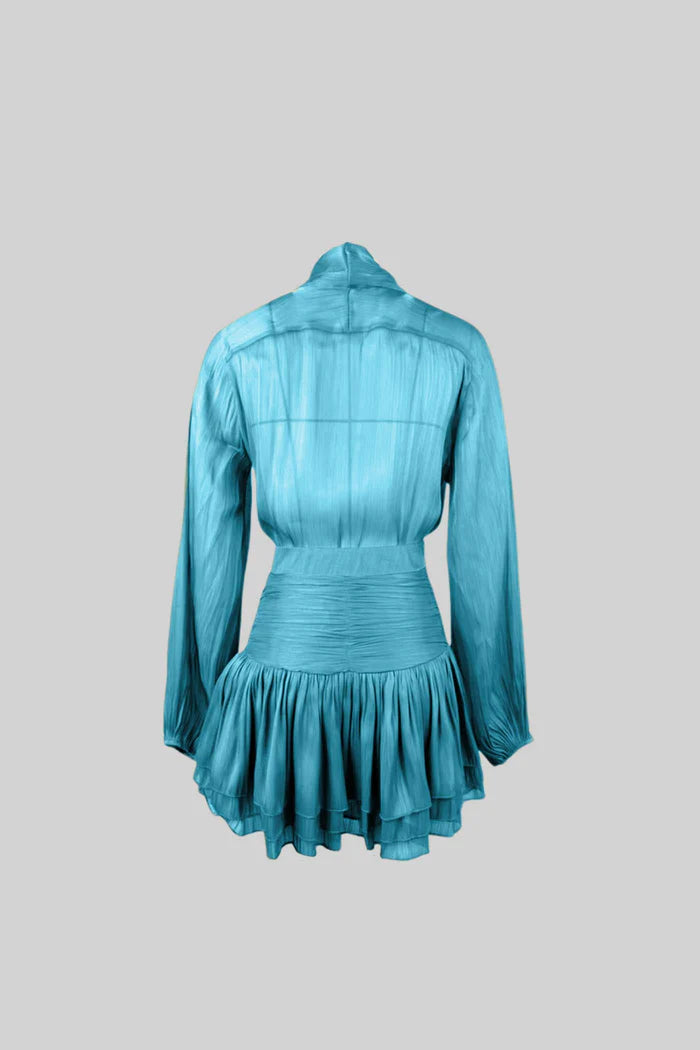 Pleated Set With Shirt and Mini Draped Skirt - Teal