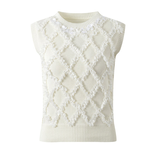 Sleeveless knit top 2024 summer sweet commuter rhombic round neck white vest
