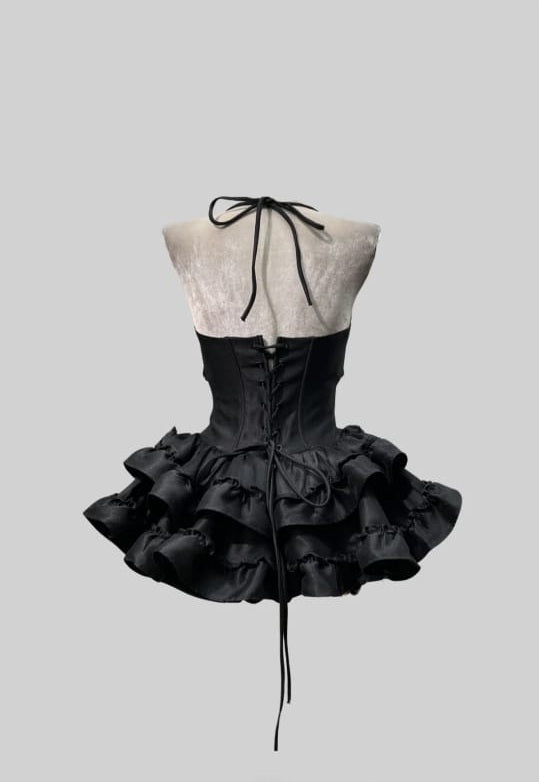 SLEEVELESS DRESS WITH CORSET-STYLE BODICE AND FLARED MINI SKIRT - BLACK