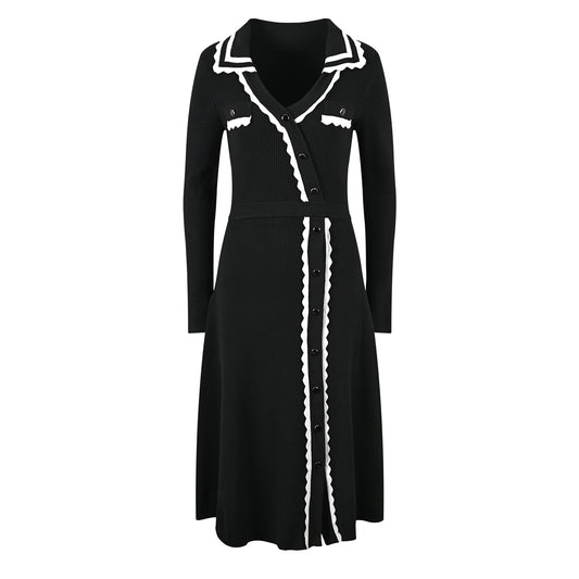 Elegant elastic thin black knit dress for Cruise 2024 new contrasting V-neck long-sleeved skir