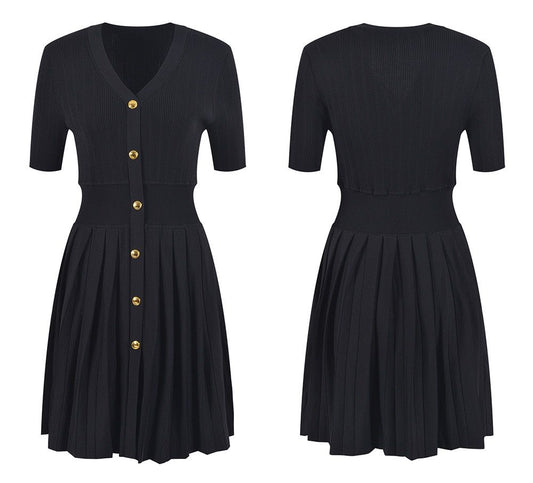 Hepburn style single-breasted dress 2023 summer new V-neck short sleeve black waist slim knit skirt