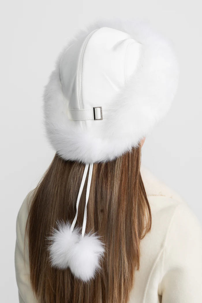 Fur Trimmed Hat With Pom-Pom Ties – White