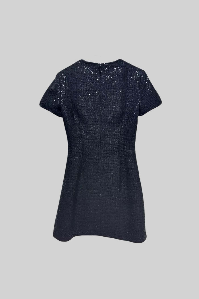 Short Sleeved Sequin Mini Dress With Sparkling Neckline Bows - Black