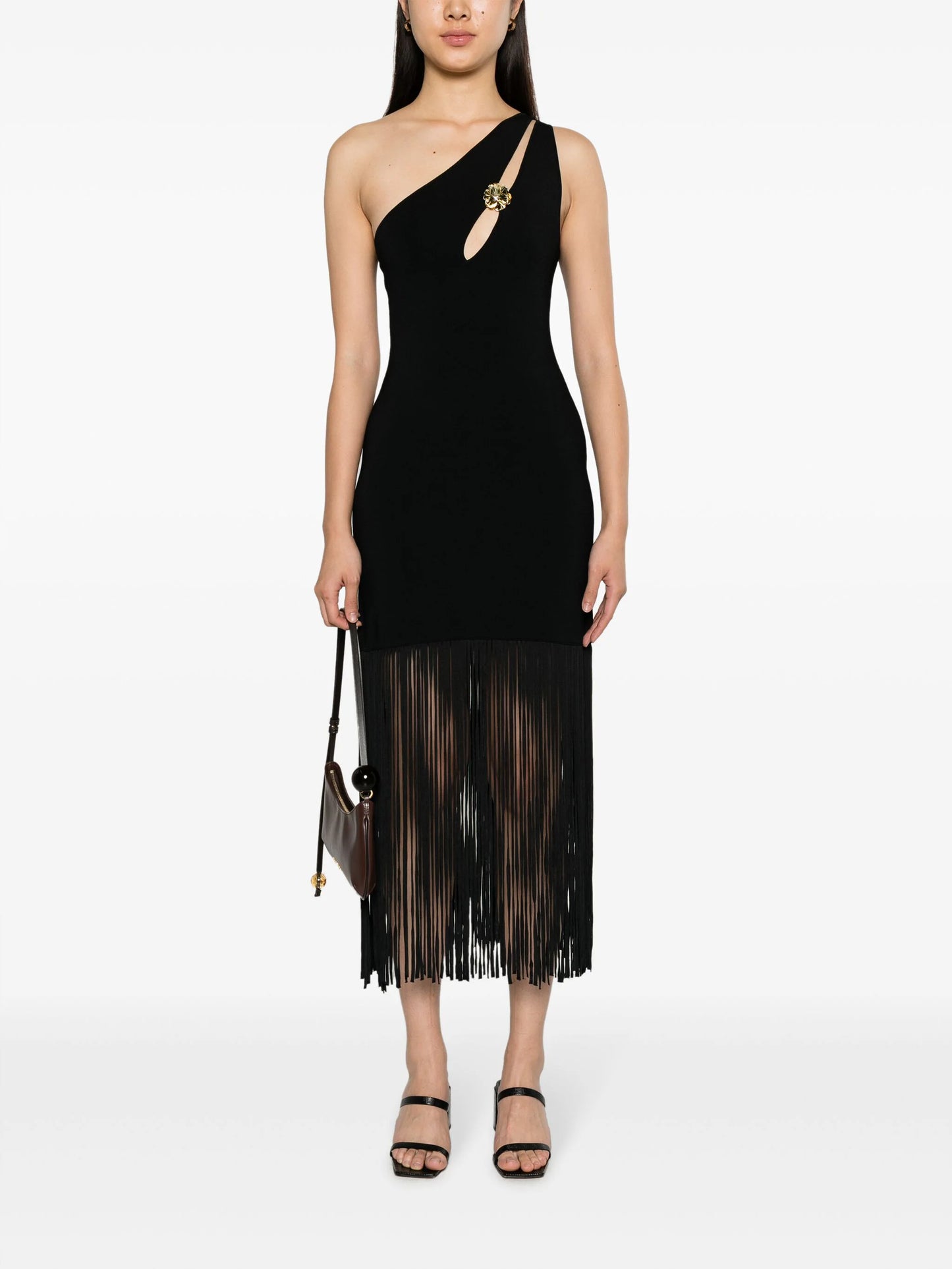 OUT OF STOCK asymmetric fringed midi dress