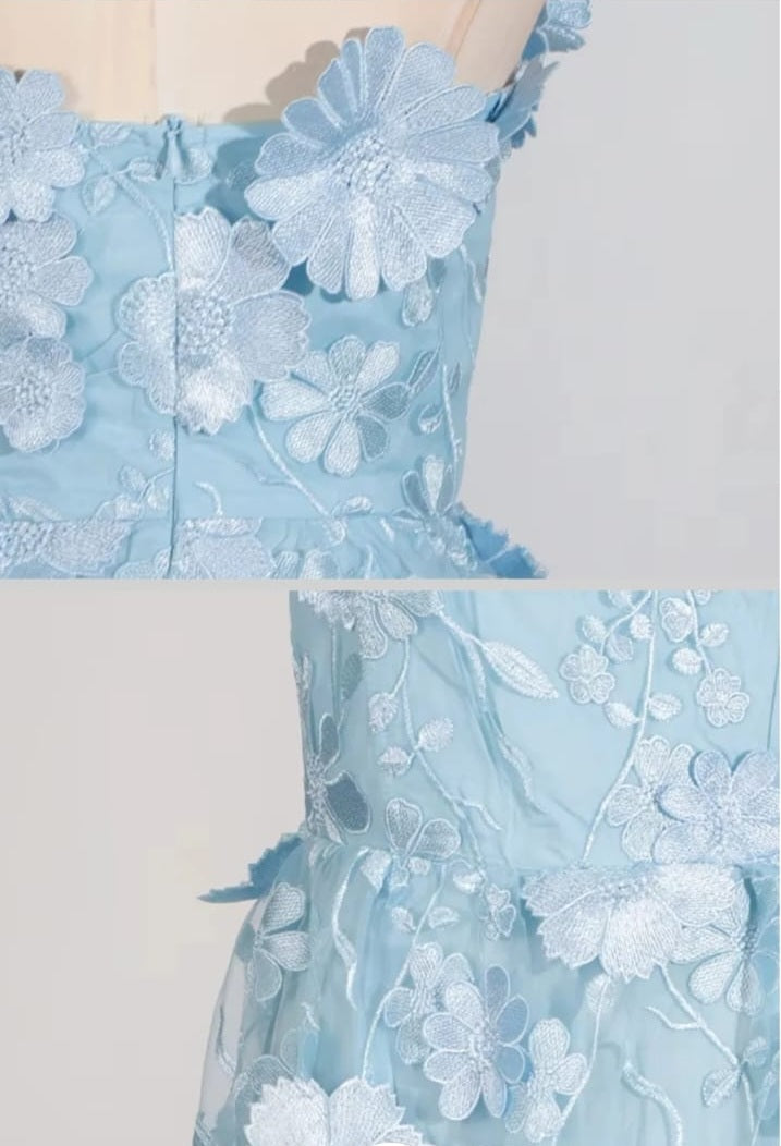 Layered Sheer Dress With Fitted Waist And Floral Appliques - Light Blue