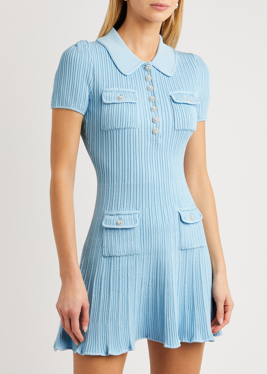 SELF PORTRAIT Blue Sequin Knit Mini Dress