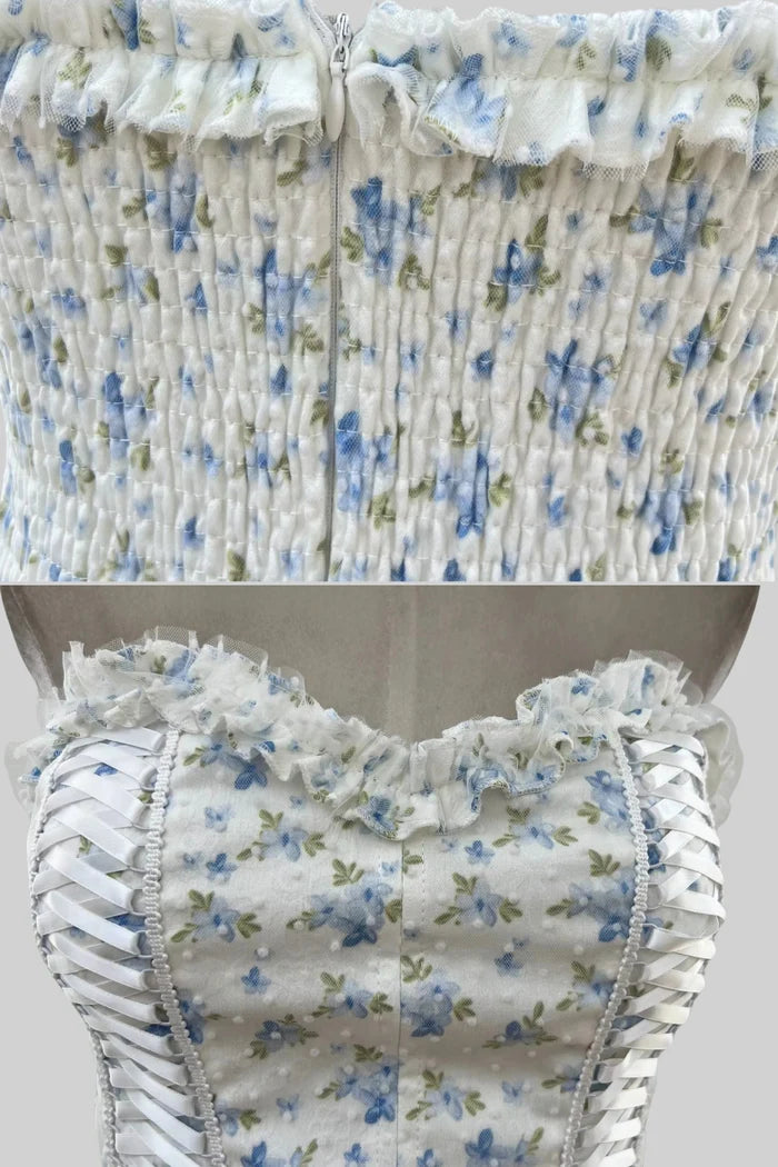 Corset Mini Dress With Sweetheart Neckline And Delicate Floral Pattern - White/Blue