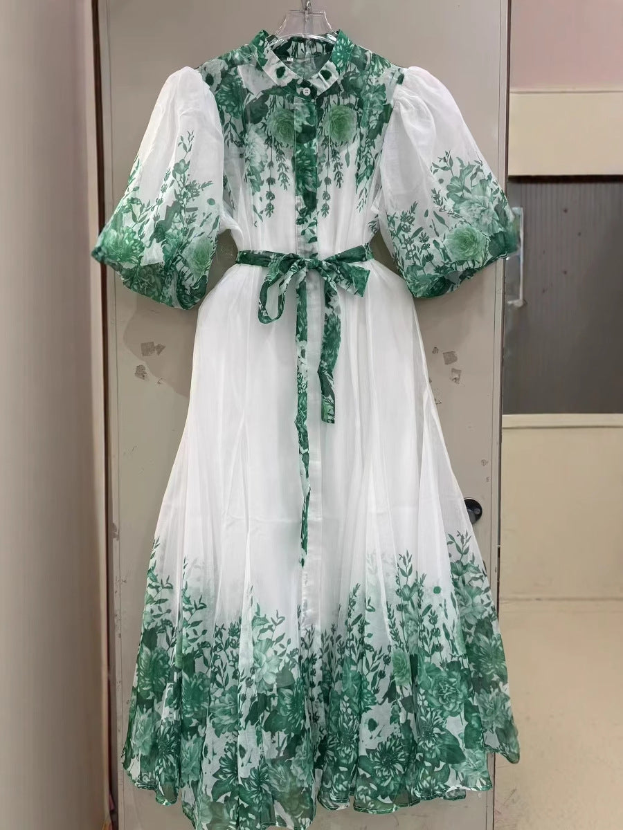 Puff Sleeve Vintage Blue Printed Loose Fit with Belt