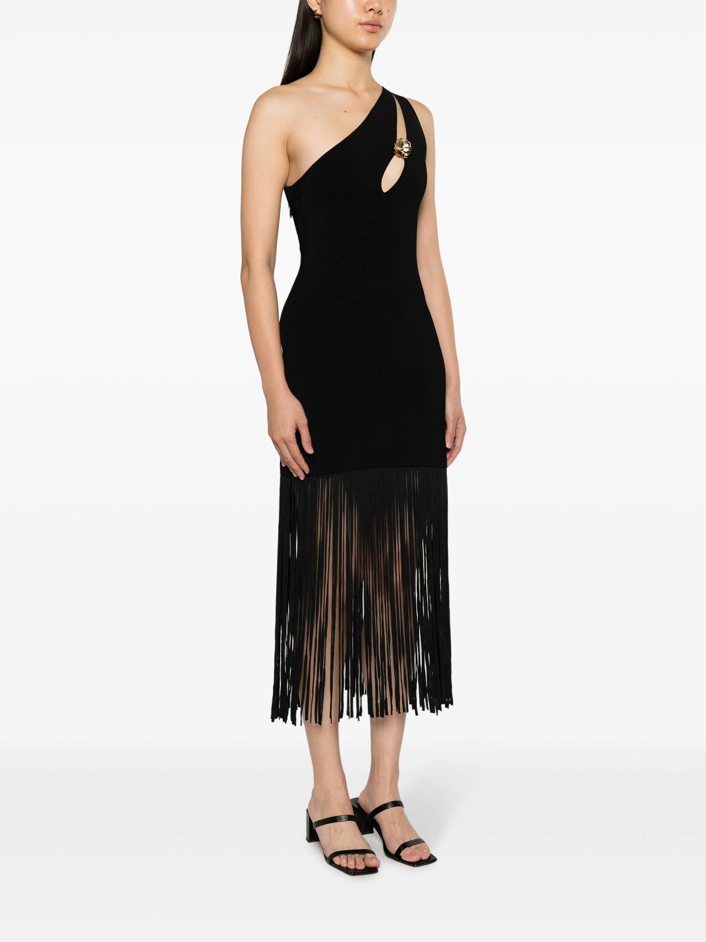 OUT OF STOCK asymmetric fringed midi dress