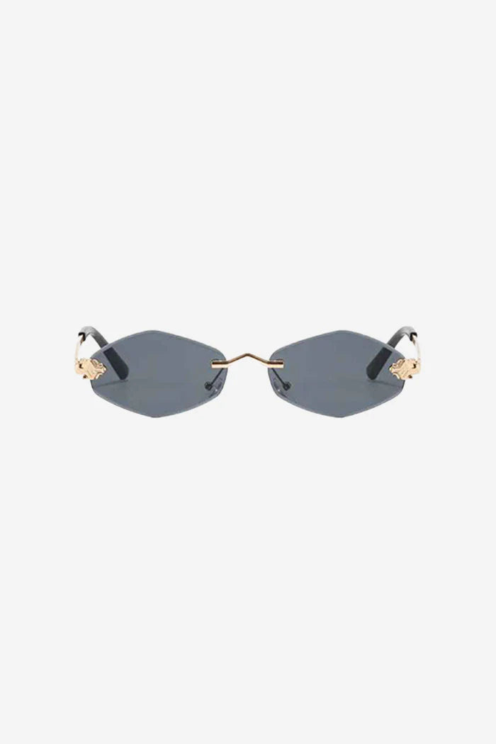 Rimless Hexagon Sunglasses with Gold Patterned Temples – Black
