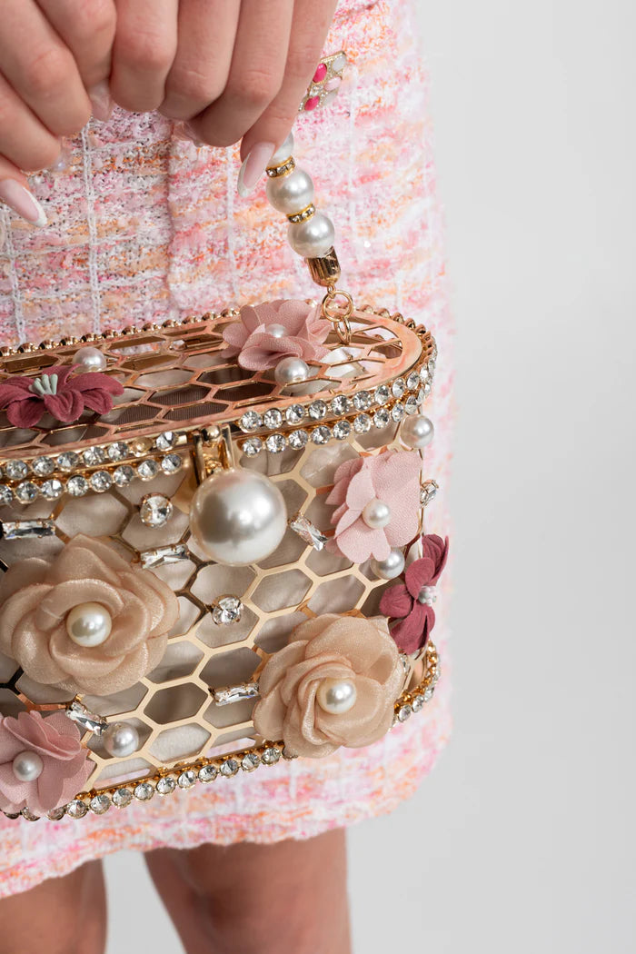 Embellished Floral Clutch With Pearl Handle – Gold