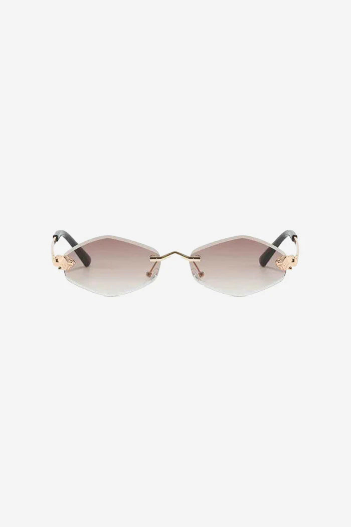 Rimless Hexagon Sunglasses with Gold Patterned Temples – Brown