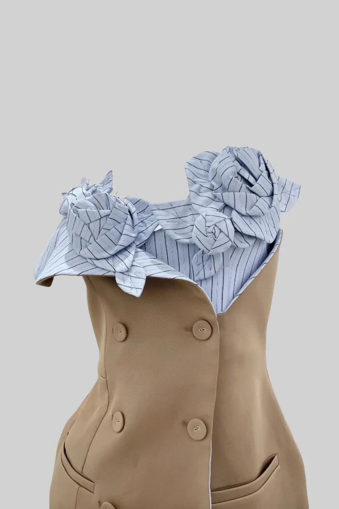 Blazer Mini Dress with Striped Floral Bust Detail - Brown/Blue