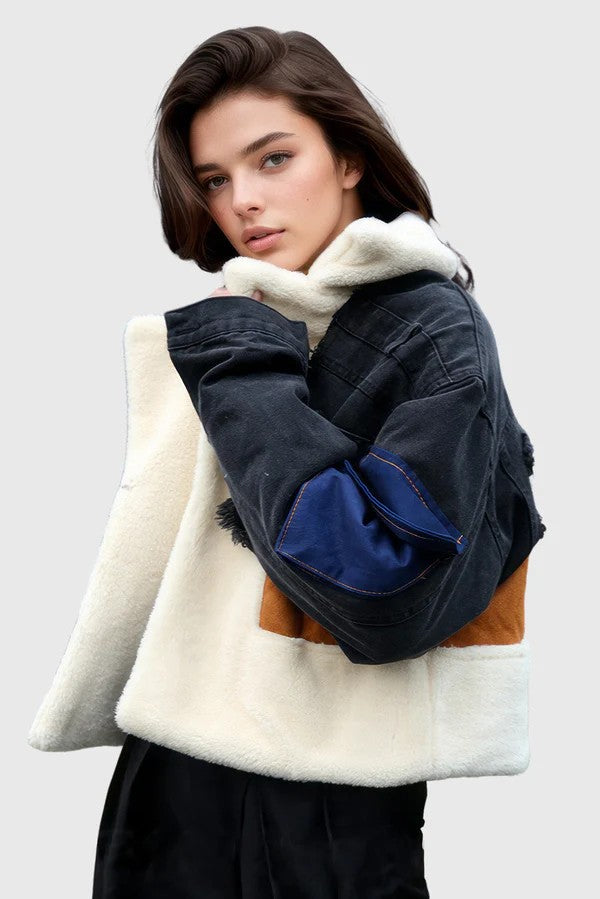 Black Fur Jacket with Denim Inserts