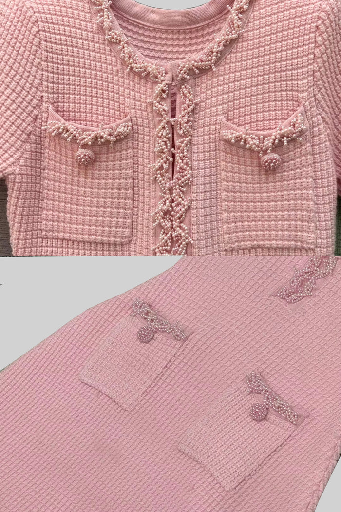 Tweed Mini Dress With Short Sleeves And Buttoned Front Closure - Pink