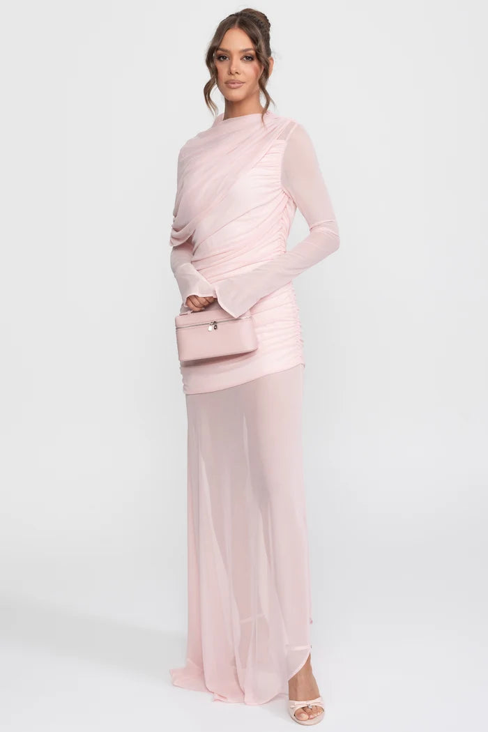 Draped Shoulder Maxi Dress With Sheer Skirt - Pink