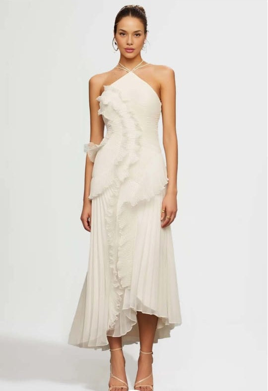 Pleated Halter Midi Dress With Cascading Ruffle Details - White Pleated Halter Midi Dress With Cascading Ruffle Details - White