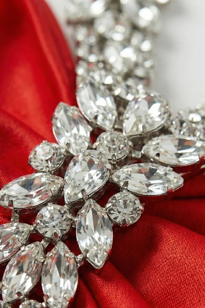 Embellished Bow-Neck Maxi Dress with Crystal Straps – Red