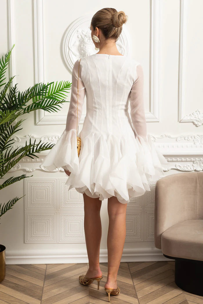 Sheer Sleeve Corset-Waist Ruffle Hem Mini Dress - White
