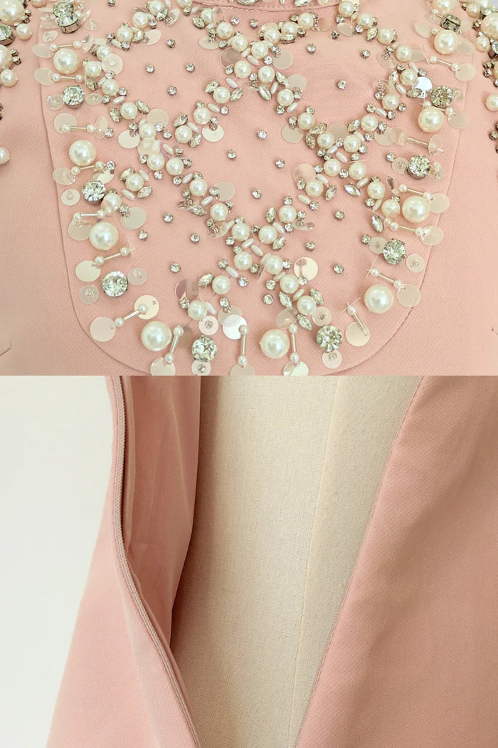 Embellished Sleeveless Mini Dress with High Neckline - Blush Pink