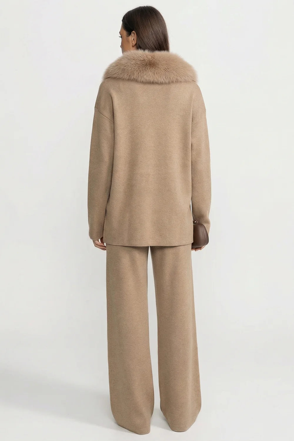 Knit Lounge Co-Ord Set with Fox Fur Collar – Khaki