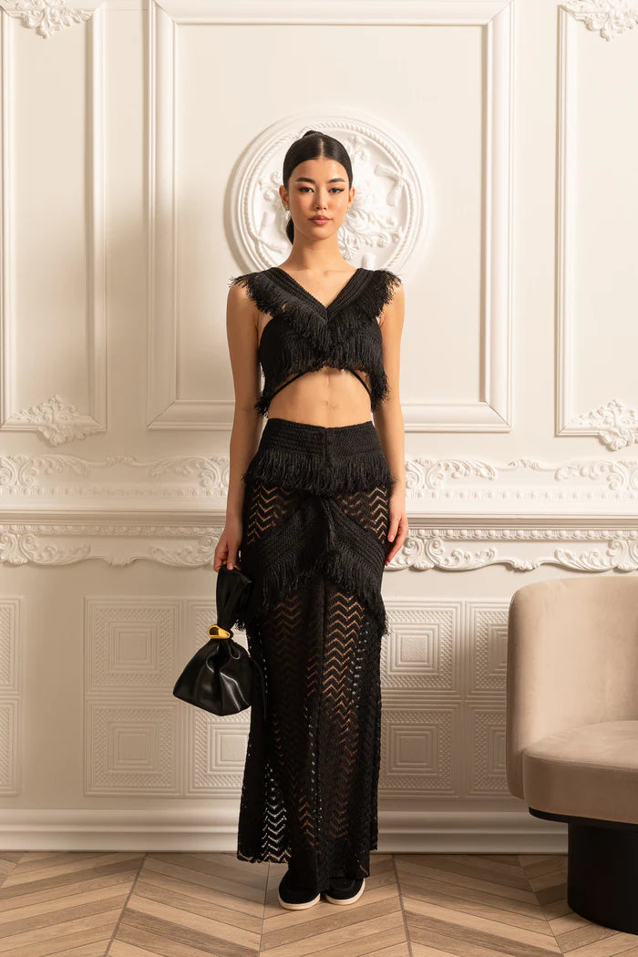 Fringed Ensemble With Sleeveless Crop Top And Long Sheer Skirt - Black