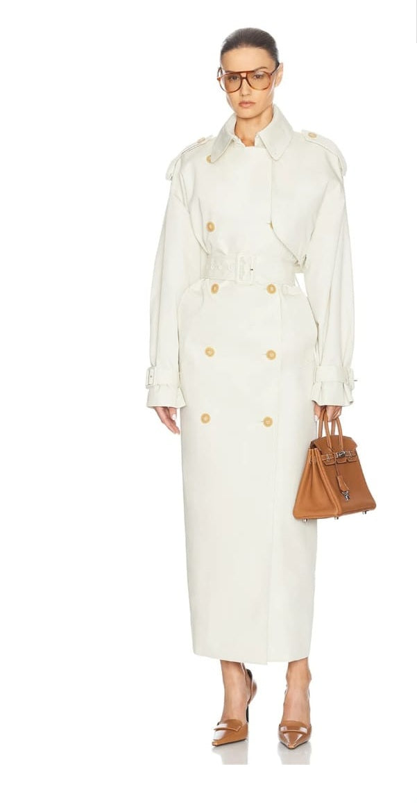 Bruyère White Double-Breasted Long Trench Coat