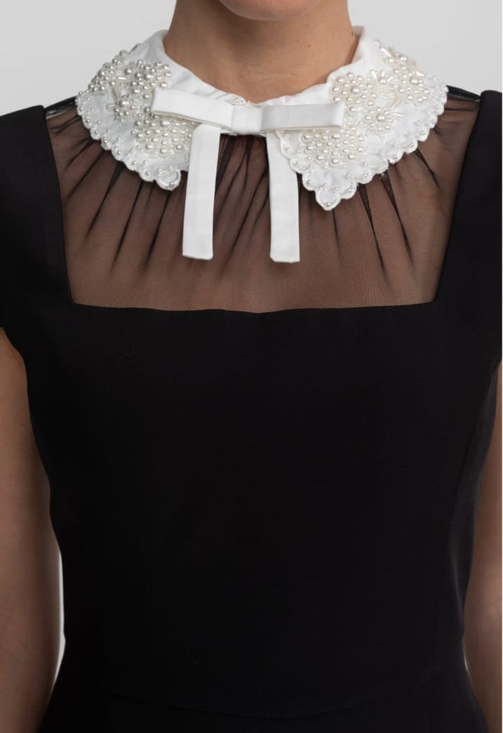 Cap Sleeve Midi Dress With Lace Collar Tie Detail - Black