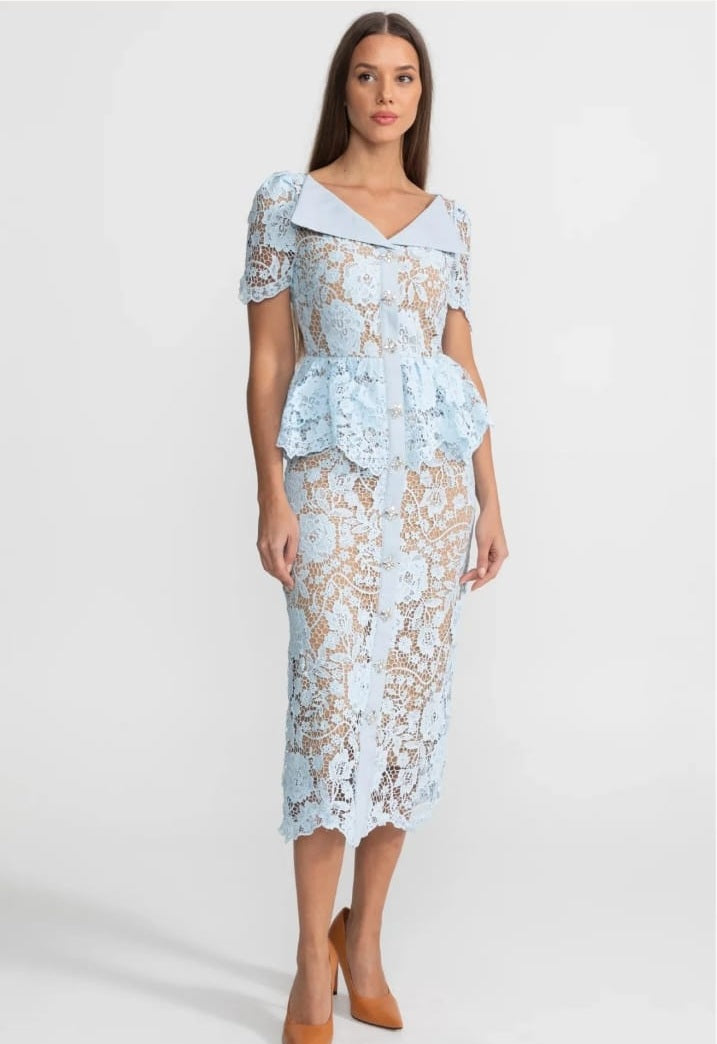 Lace Midi Dress with Peplum Waist and Satin Collar - Baby Blue