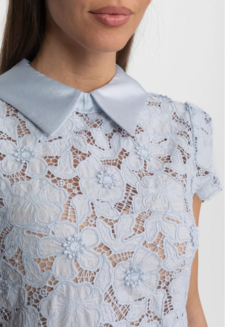 Floral Lace Mini Dress with Satin Collar – Light Blue