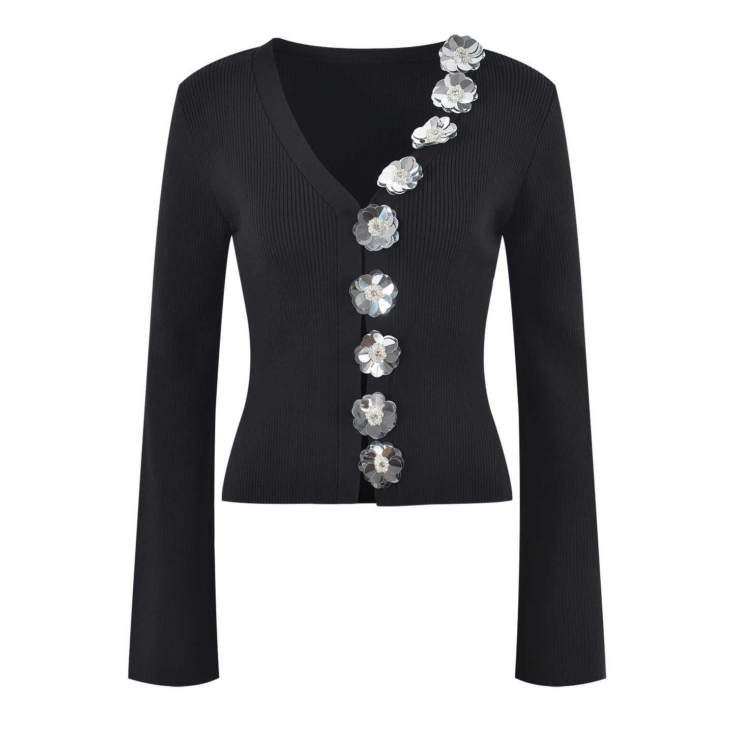 V-neck Knitted Cardigan Women's 2023 Autumn New Heavy Industry Sequin Flower Niche Design Slim Top