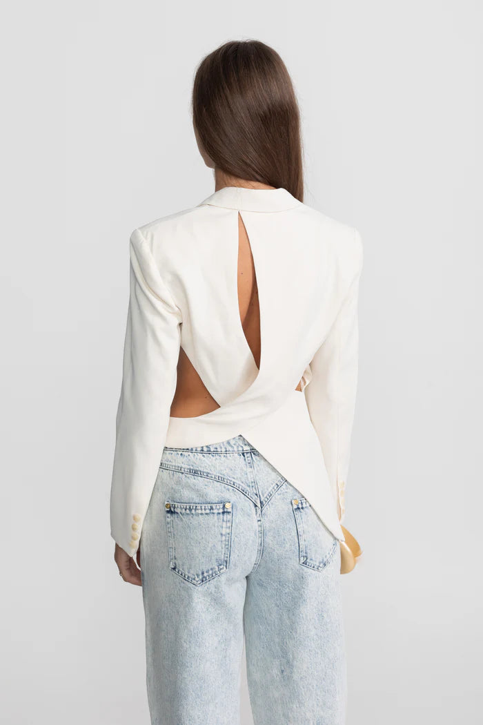 Asymmetric Cut-Out Blazer with Belt Detail - White