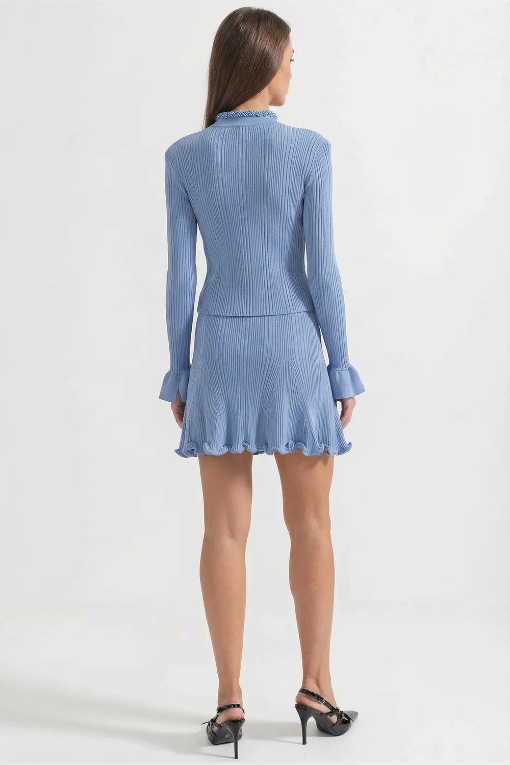 Ribbed Long Sleeve Set With Beaded Embellishments - Blue