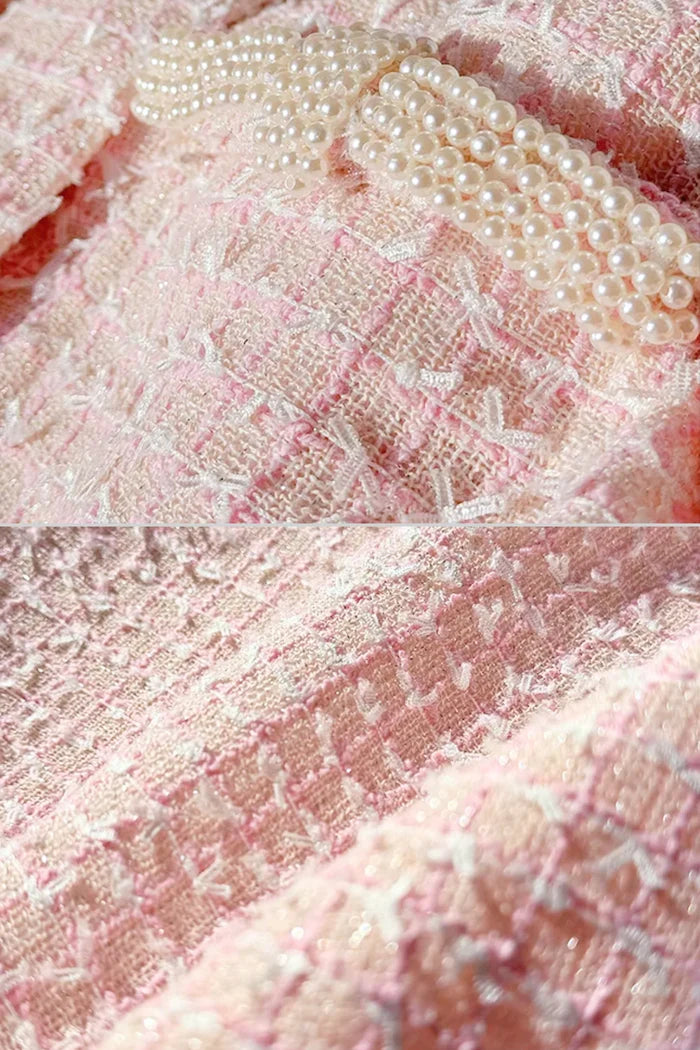 Tweed Set With Cropped Jacket and Sleeveless Mini Dress - Light Pink