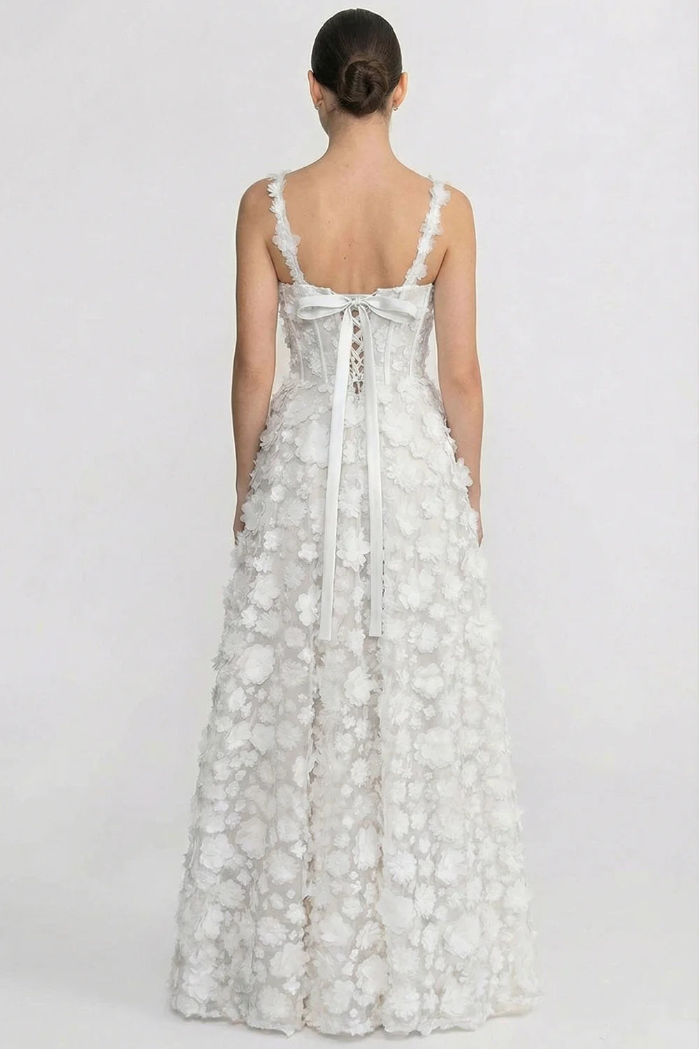 Floral Appliqué Maxi Dress With Corset Bodice - White