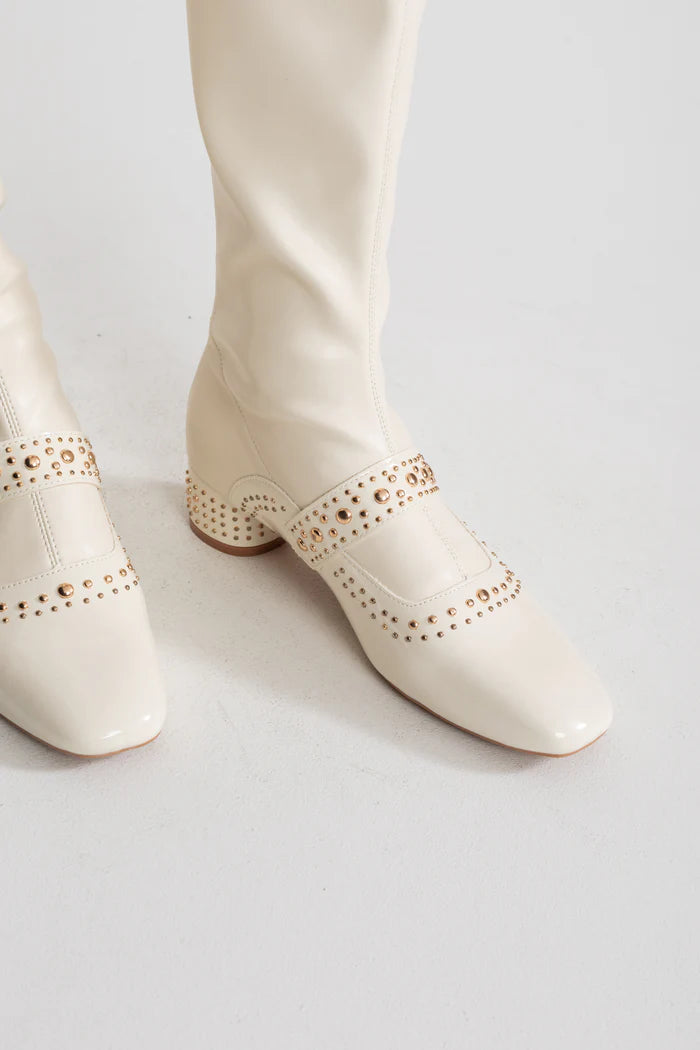 Studded Knee-High Boots With Pearl Strap Detail – Ivoire