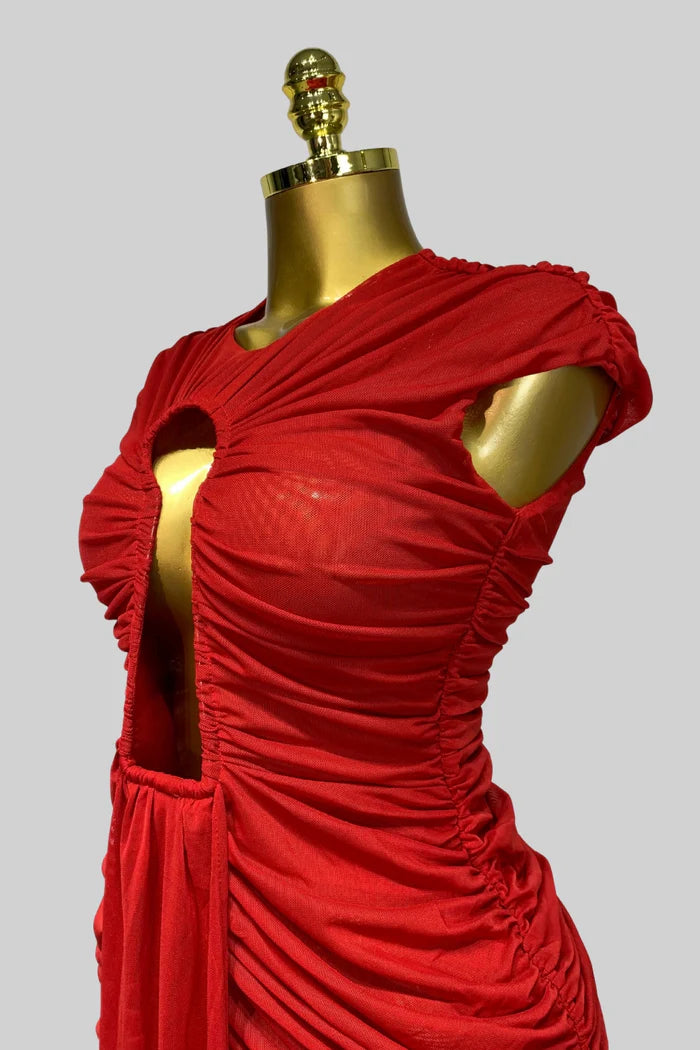 Draped Cut-Out Gown With Gathered Detailing – Red