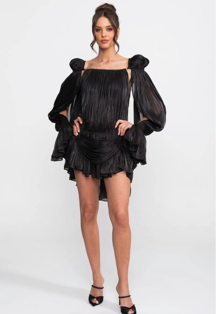 Sheer Draped Mini Dress With Cape Sleeves And Gold Clip Detail - Black