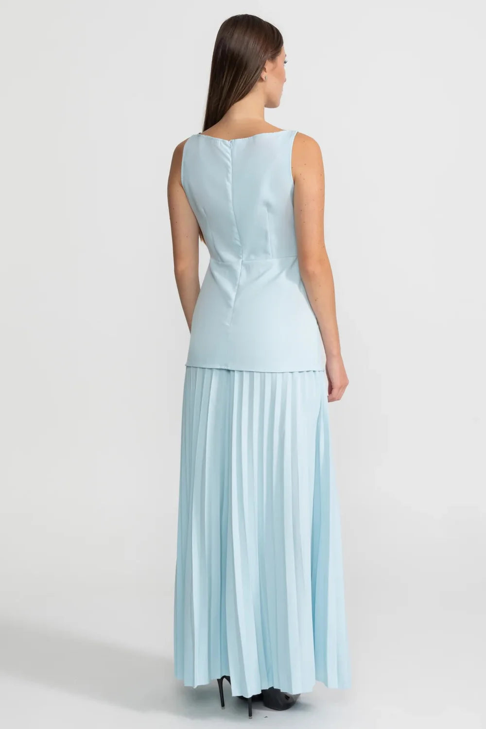Sleeveless Maxi Co-Ord With Tailored Bodice And Pleated Skirt - Blue