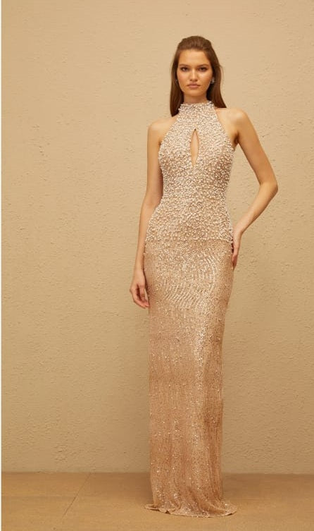 Adél Neutral Halterneck Embellished Maxi Gown