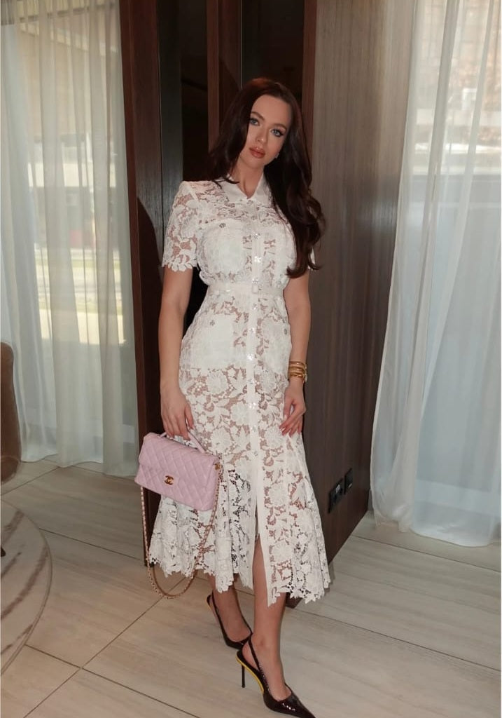 Lace Short Sleeve Midi Dress With Collared Neckline And Belted Waist - White