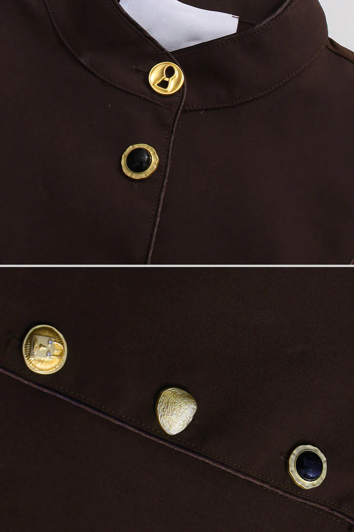 Velvet Maxi Dress with Gold Statement Buttons - Brown