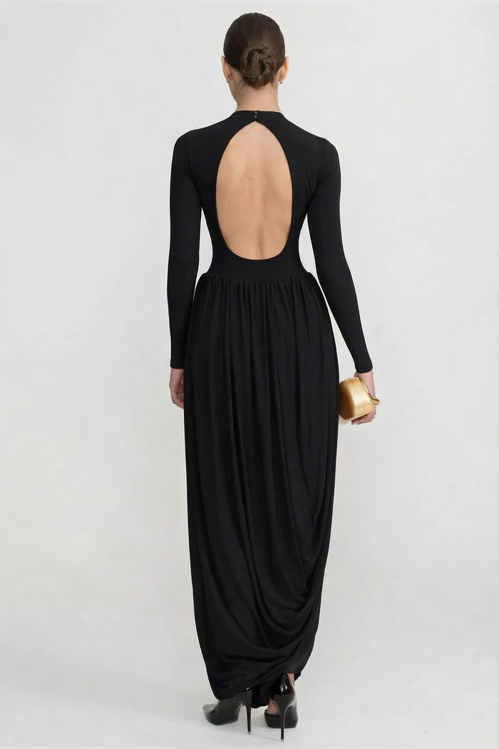 Long Sleeve Maxi Dress With Draped Skirt - Black