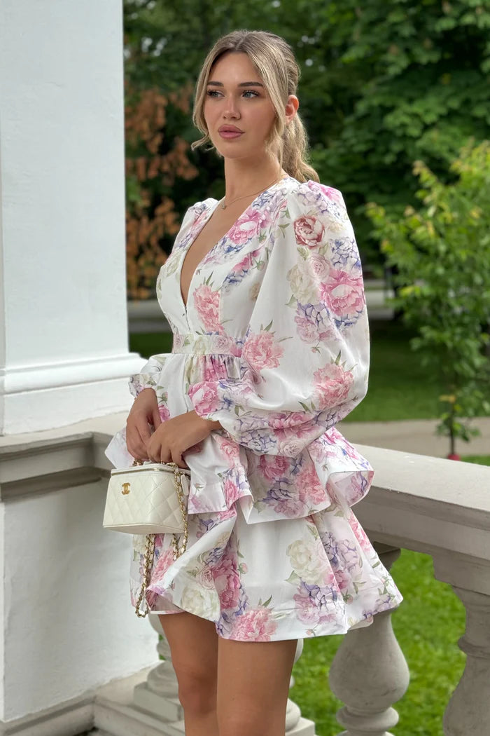 Floral Romantic Mini Dress With Voluminous Sleeves And Peplum Detail - White/Pink