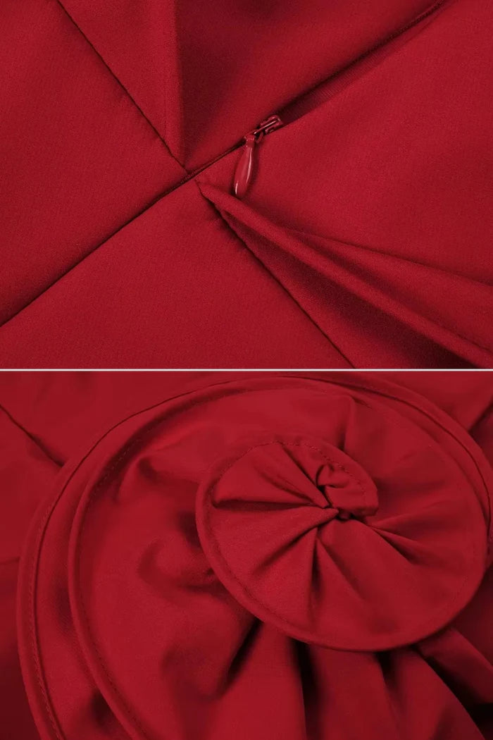 Mini-robe asymétrique à épaules dénudées avec embellissement rose surdimensionné - rouge