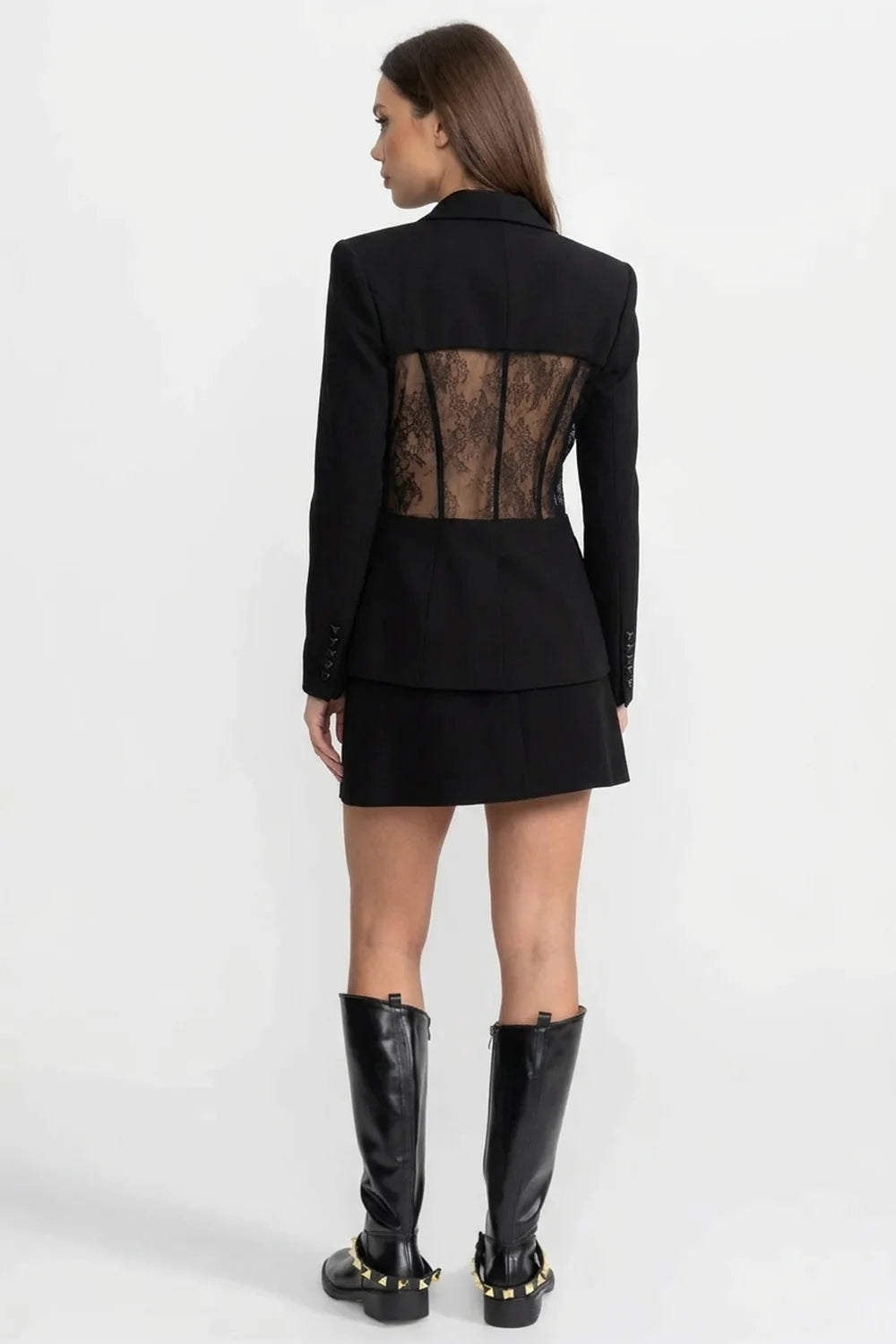 Tailored Long Sleeve Blazer With Sheer Lace Waist Panels - Black