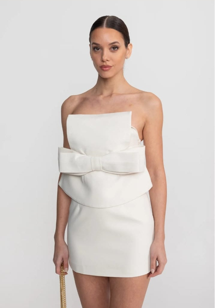 Strapless Mini Dress With Oversized Bow Waist And Peplum Overlay - White